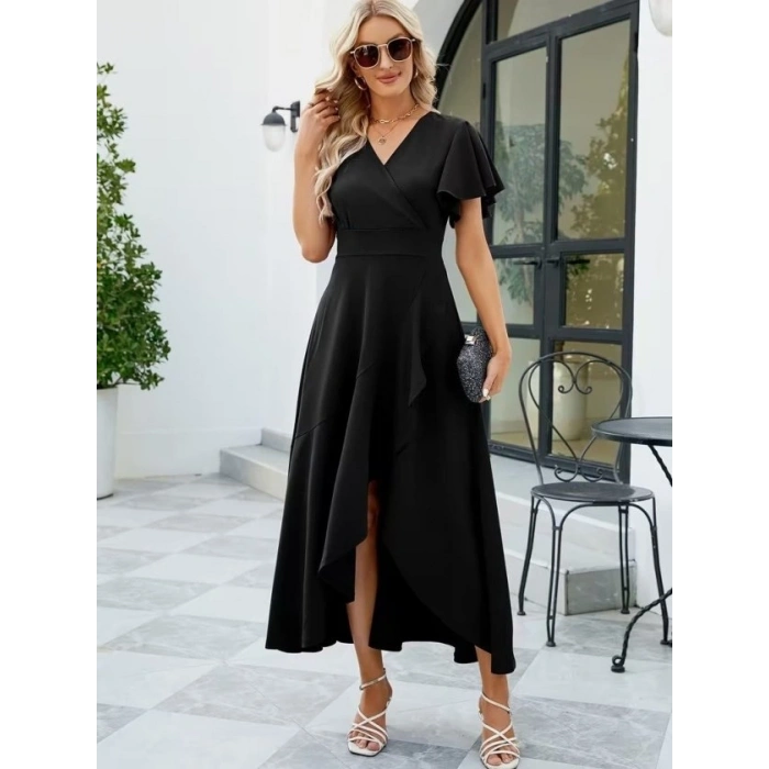 Kadın Kısa Kollu Kruvaze Yakalı ön Asimetrik Volanlı Uzun Ithal Krep Elbise