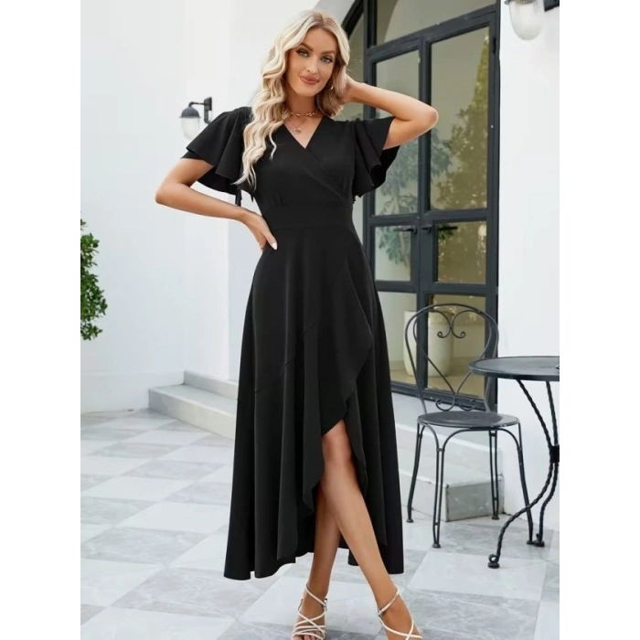 Kadın Kısa Kollu Kruvaze Yakalı ön Asimetrik Volanlı Uzun Ithal Krep Elbise