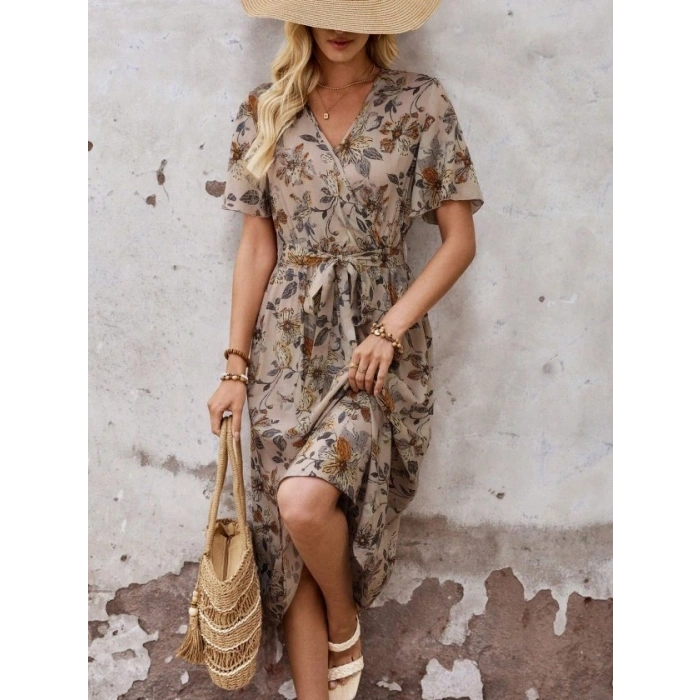 Kadın Kısa Kollu Kruvaze Yakalı Yandan Bağcıklı Desenli Süprem Midi Elbise
