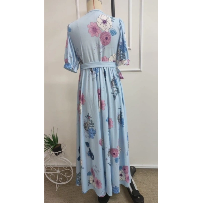 Kadın Kısa Kollu Kruvaze Yakalı Yandan Bağlamalı Desenli Uzun Süprem Elbise