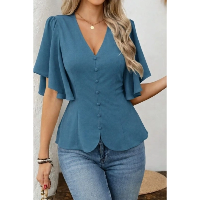 Kadın Kısa Kollu önden Düğmeli Ithal Krep Bluz