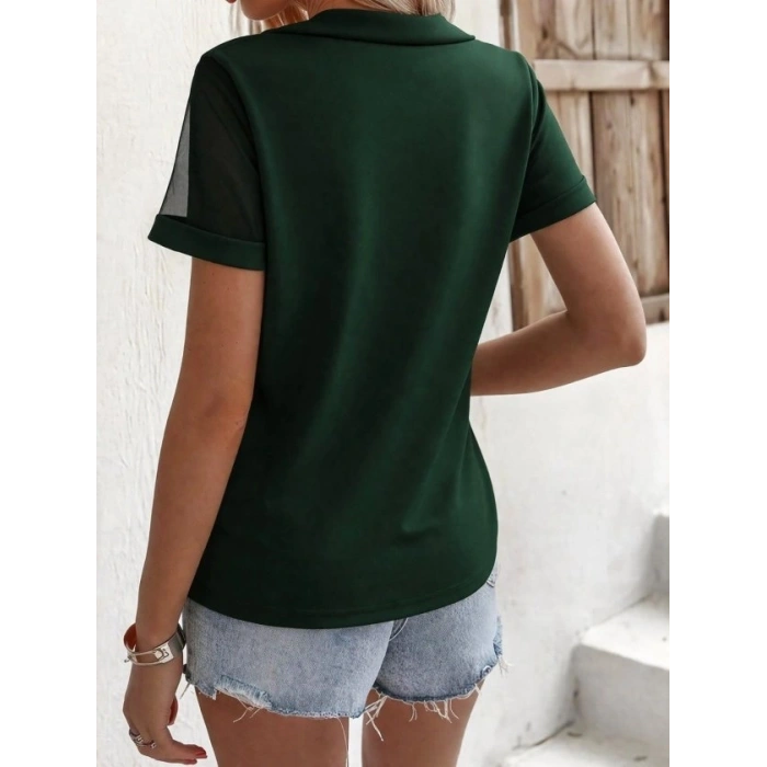 Kadın Kısa Kollu Tül Detaylı Taşlı Janjan Krep Bluz