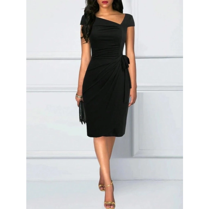 Kadın Kısa Kollu V Asimetrik Yaka Kesimli Yandan Bağlamalı Mini Janjan Krep Elbise