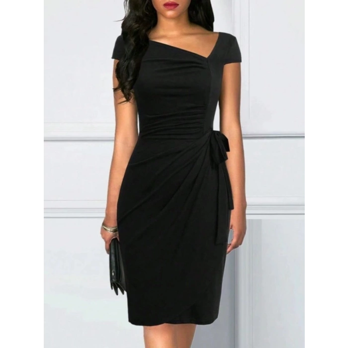 Kadın Kısa Kollu V Asimetrik Yaka Kesimli Yandan Bağlamalı Mini Janjan Krep Elbise