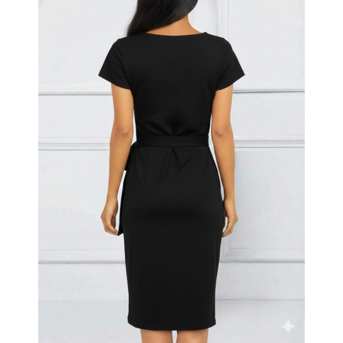 Kadın Kısa Kollu V Asimetrik Yaka Kesimli Yandan Bağlamalı Mini Janjan Krep Elbise