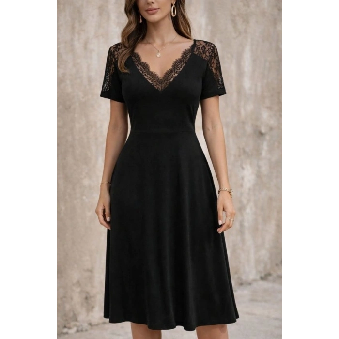 Kadın Kısa Kollu V Dantel Yakalı Midi Viskon Elbise