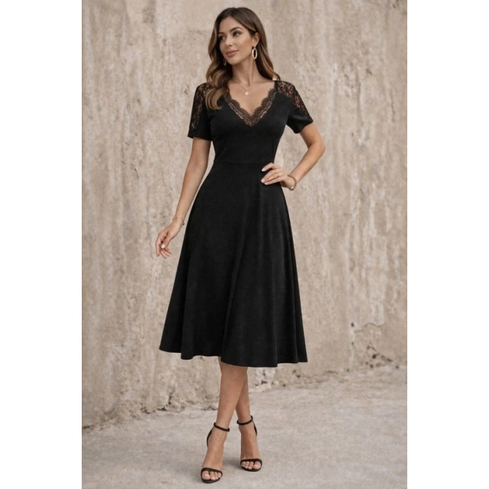 Kadın Kısa Kollu V Dantel Yakalı Midi Viskon Elbise
