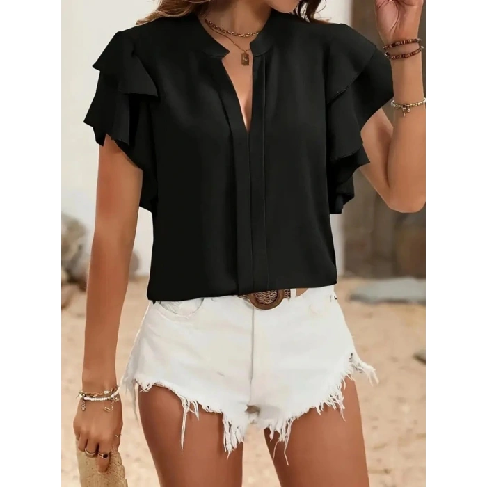 Kadın Kısa Kollu V Hakim Yaka Kolları Fırfırlı Dubai Bluz