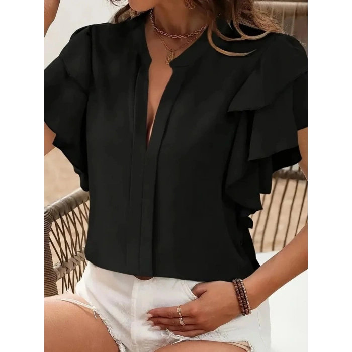 Kadın Kısa Kollu V Hakim Yaka Kolları Fırfırlı Dubai Bluz