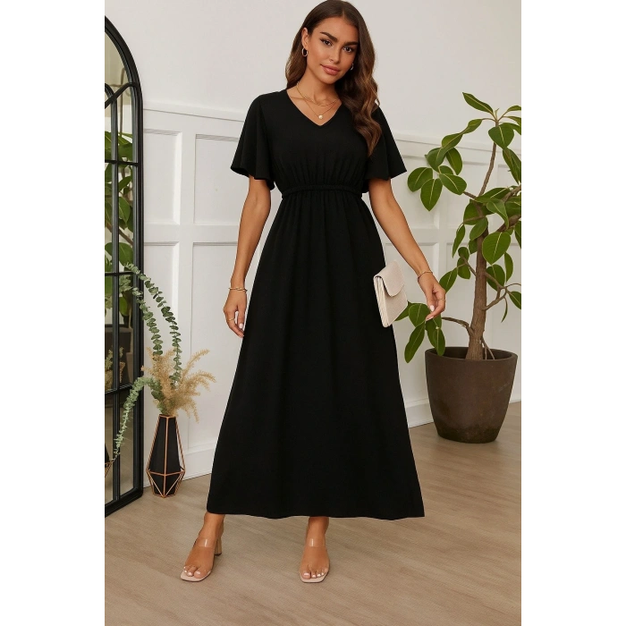 Kadın Kısa Kollu V Yakalı Beli Lastikli Uzun Viskon Elbise