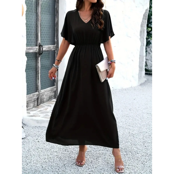 Kadın Kısa Kollu V Yakalı Beli Lastikli Uzun Viskon Elbise