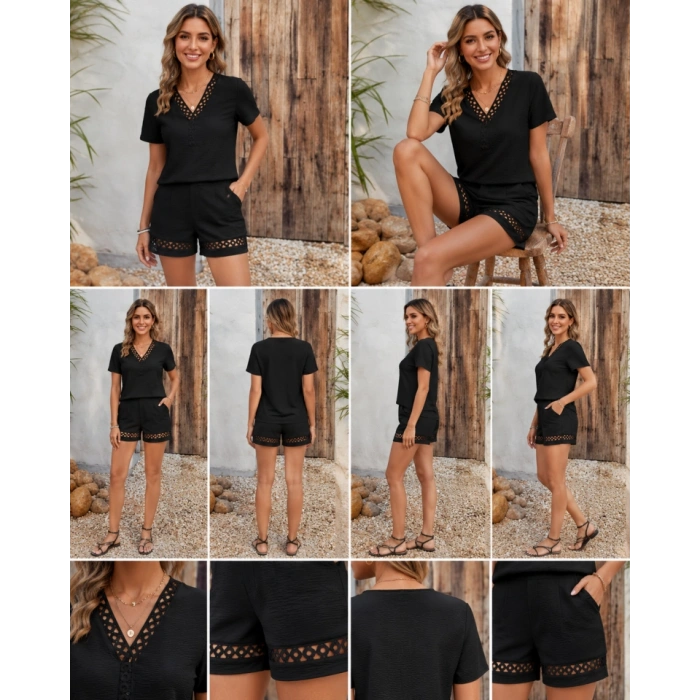 Kadın Kısa Kollu V Yakalı Bluz Ve Short Ikili Takım