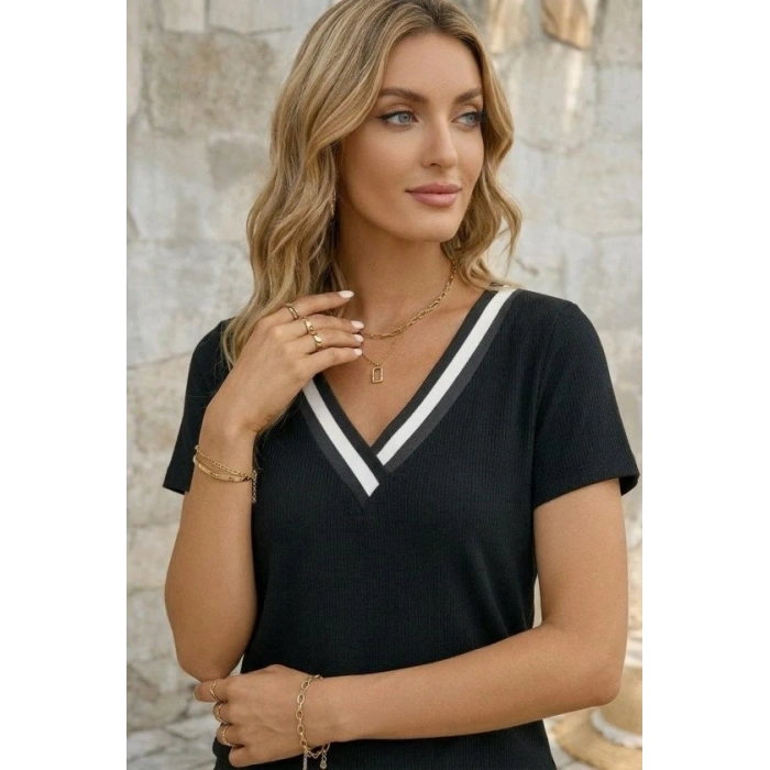 Kadın Kısa Kollu V Yakalı Bürümcük Bluz