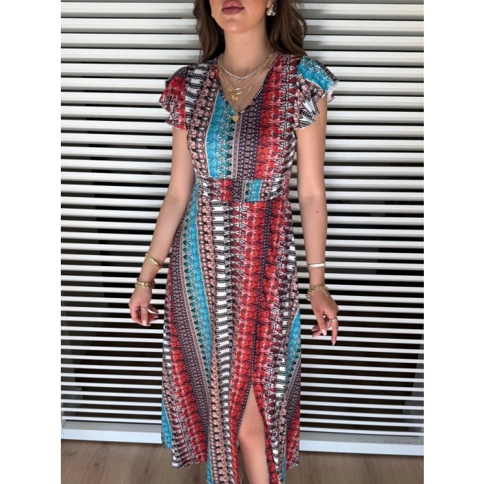 Kadın Kısa Kollu V Yakalı Desenli Yandan Yırtmaçlı Süprem Elbise