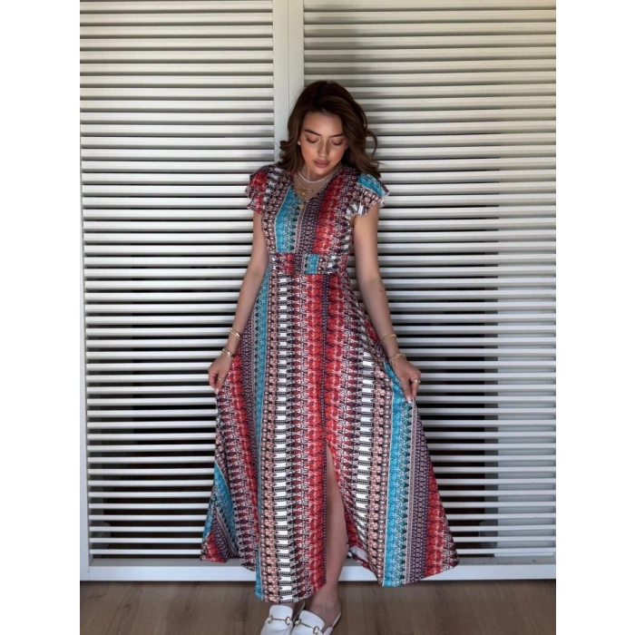 Kadın Kısa Kollu V Yakalı Desenli Yandan Yırtmaçlı Süprem Elbise