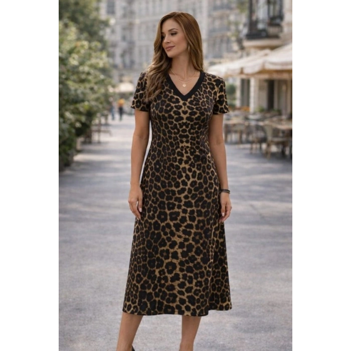 Kadın Kısa Kollu V Yakalı Leopar Desenli Kısa Süprem Elbise