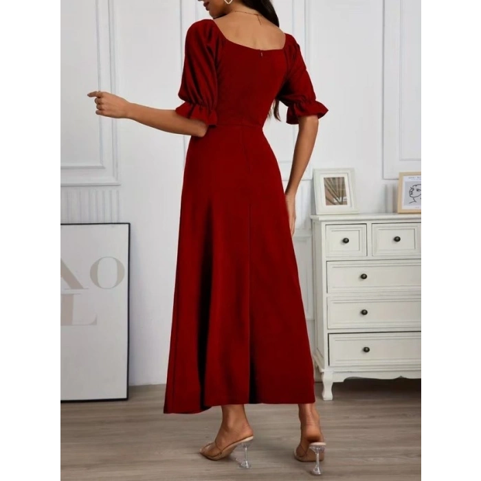 Kadın Kısa Kollu V Yakalı önden Büzgüü Uzun Ithal Krep Elbise