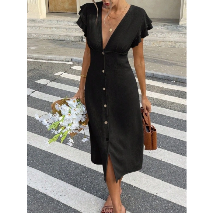Kadın Kısa Kollu V Yakalı önden Düğmeli Bürümcük Midi Elbise