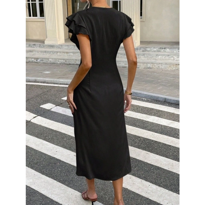 Kadın Kısa Kollu V Yakalı önden Düğmeli Bürümcük Midi Elbise