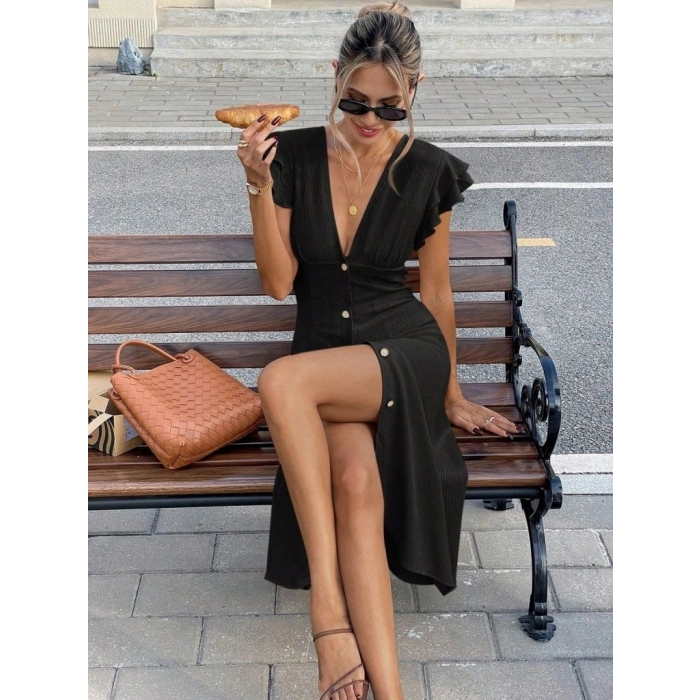 Kadın Kısa Kollu V Yakalı önden Düğmeli Bürümcük Midi Elbise