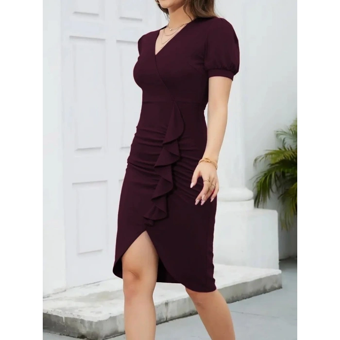 Kadın Kısa Kollu V Yakalı önden Fırfırlı Ithal Krep Elbise