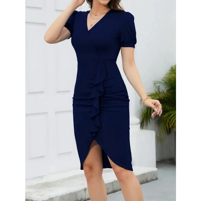 Kadın Kısa Kollu V Yakalı önden Fırfırlı Ithal Krep Elbise