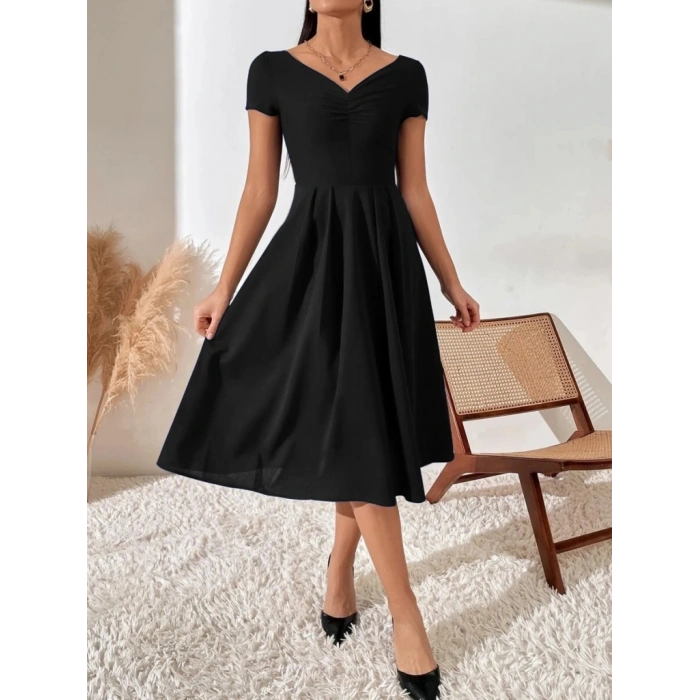 Kadın Kısa Kollu V Yakalı önden Pileli Janjan Krep Elbise