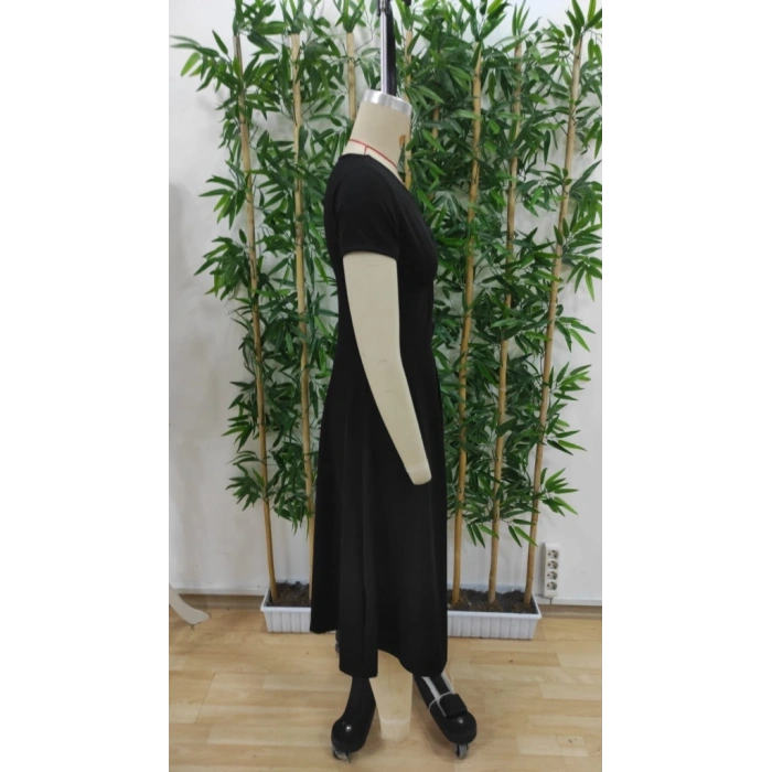 Kadın Kısa Kollu V Yakalı önden Pileli Janjan Krep Elbise