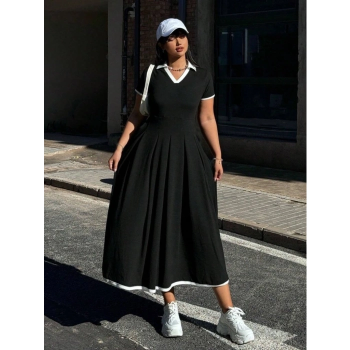 Kadın Kısa Kollu V Yakalı Pileli Uzun Janjan Krep Elbise