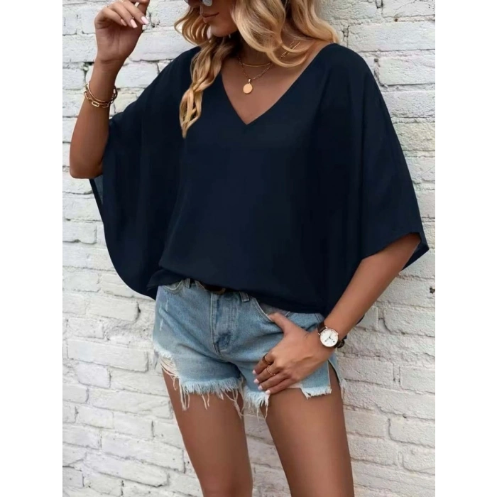 Kadın Kısa Kollu V Yakalı Salaş Viskon Bluz