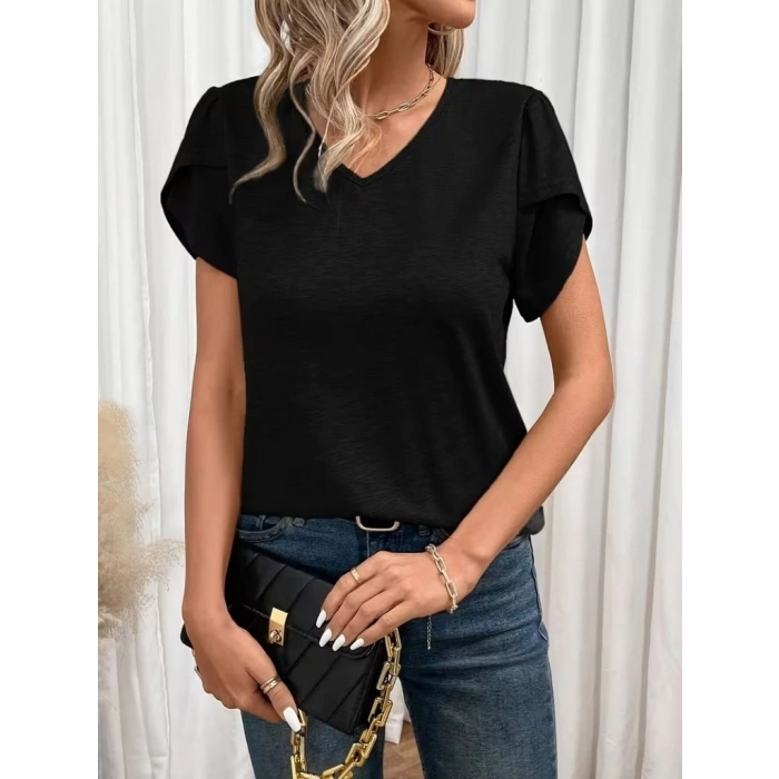 Kadın Kısa Kollu V Yakalı Viskon Bluz