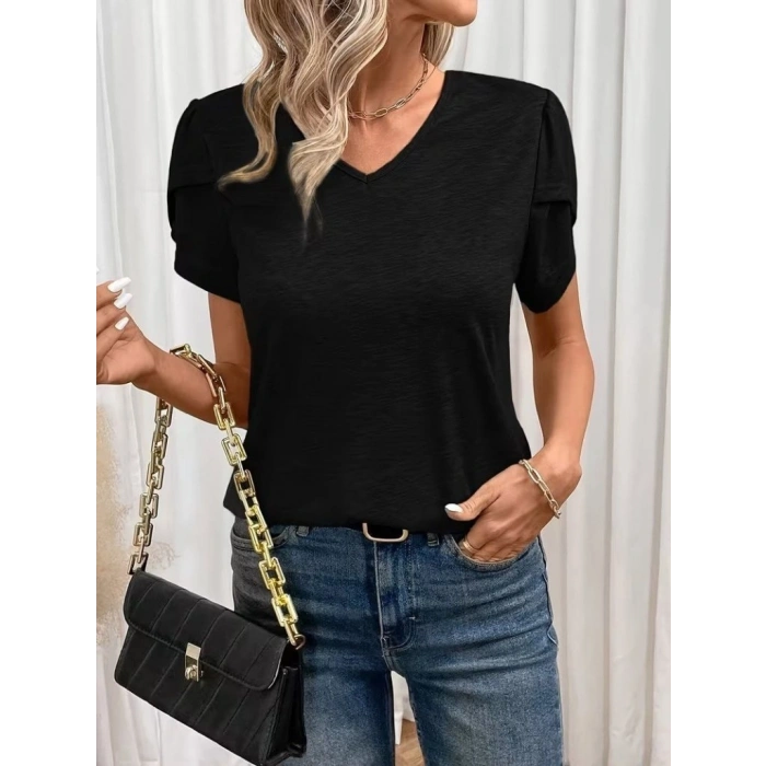 Kadın Kısa Kollu V Yakalı Viskon Bluz