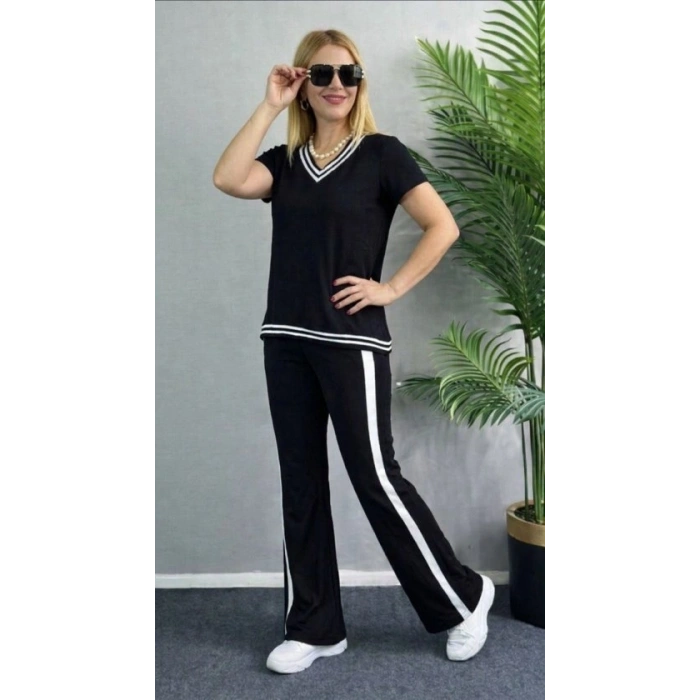 Kadın Kısa Kollu V Yakalı Viskon Iki Iplik Bluz Ve Pantolon Ikili Takım