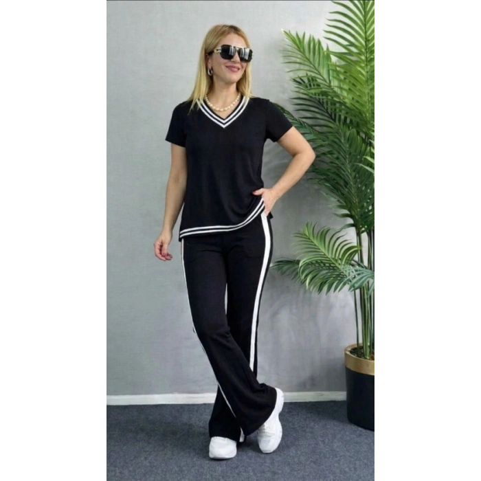 Kadın Kısa Kollu V Yakalı Viskon Iki Iplik Bluz Ve Pantolon Ikili Takım