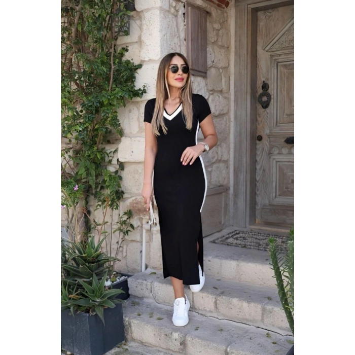 Kadın Kısa Kollu V Yakalı Yandan şerit Ve Yırtmaçlı Viskon Uzun Elbise