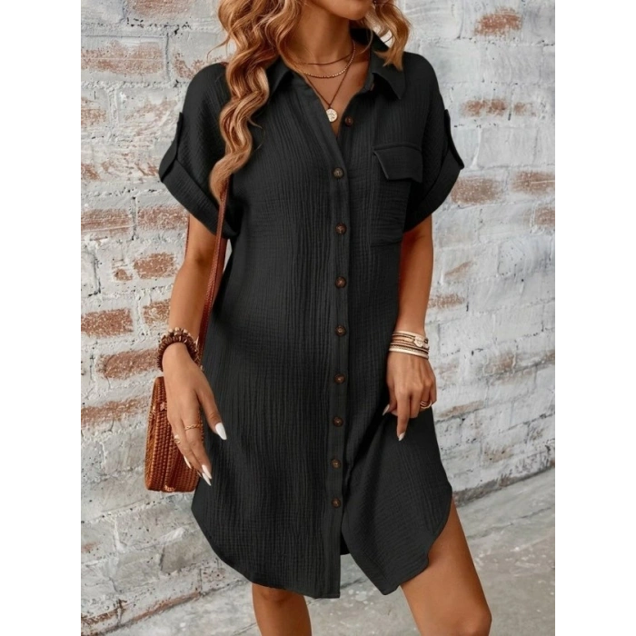 Kadın Kısa Kollu Yakalı önden Düğmeli Bürümcük Kısa Elbise