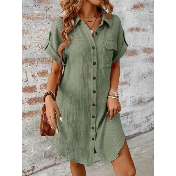 Kadın Kısa Kollu Yakalı önden Düğmeli Bürümcük Kısa Elbise