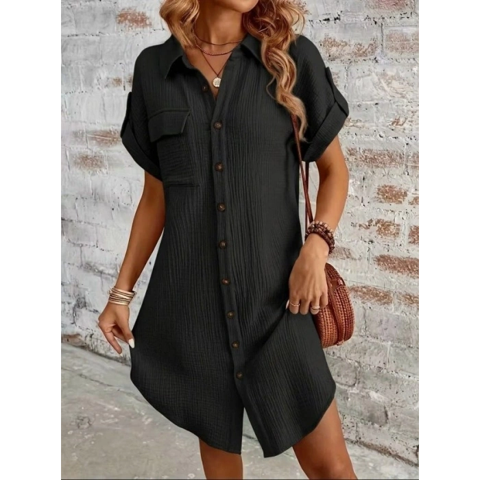 Kadın Kısa Kollu Yakalı önden Düğmeli Bürümcük Kısa Elbise