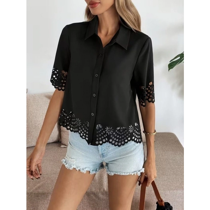 Kadın Kısa Kollu Yakalı önden Düğmeli Dubai Gömlek Bluz