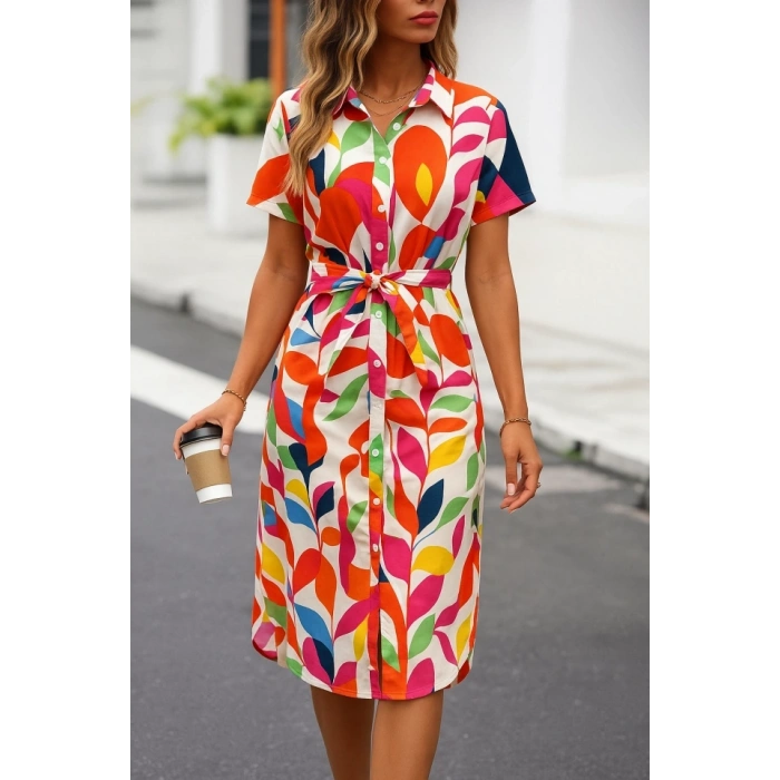 Kadın Kısa Kollu Yakalı önü Düğmeli önden Drapeli Desenli Süprem Elbise