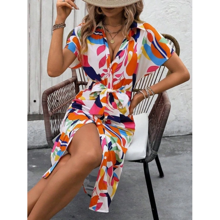 Kadın Kısa Kollu Yakalı önü Düğmeli önden Drapeli Desenli Süprem Elbise