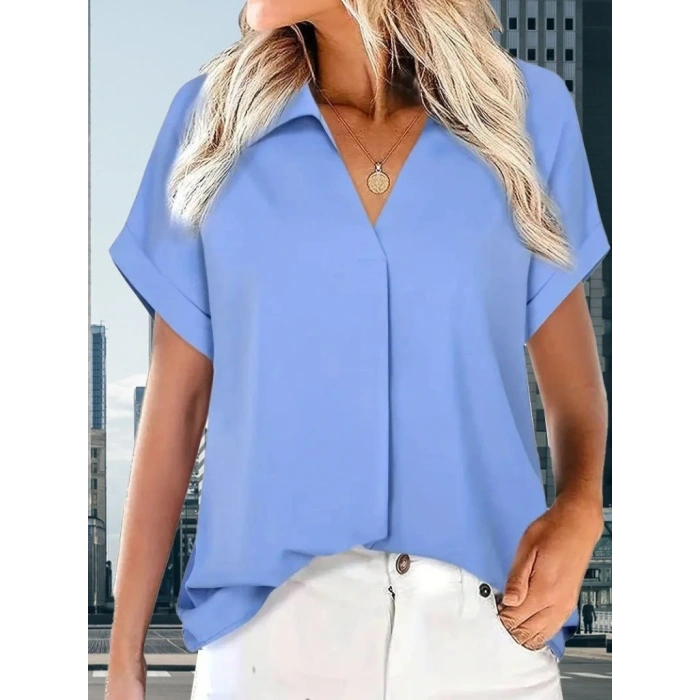 Kadın Kısa Kollu Yakalı Uzun Sandy Bluz