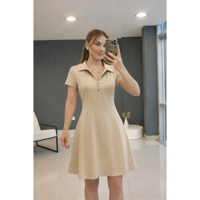 Kadın Kısa Kollu Yakası Fermuarlı Kısa Viskon Iki Iplik Elbise