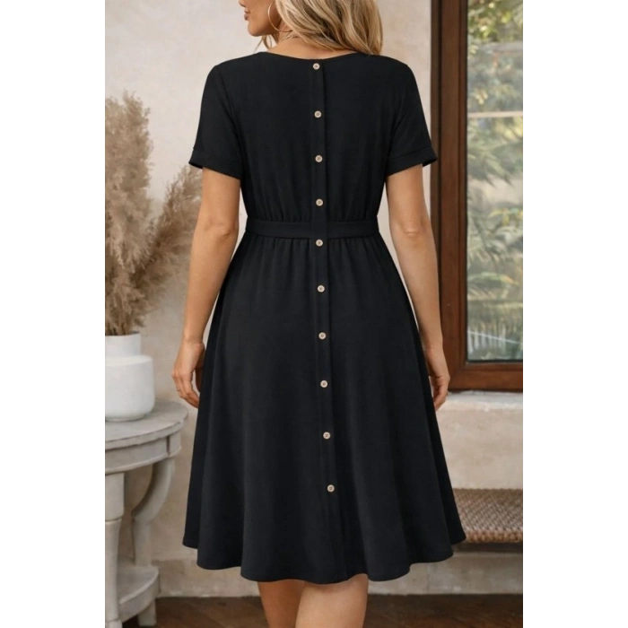 Kadın Kısa Kollu Yuvarlak Yaka Arkadan Düğmeli Viskon Midi Elbise