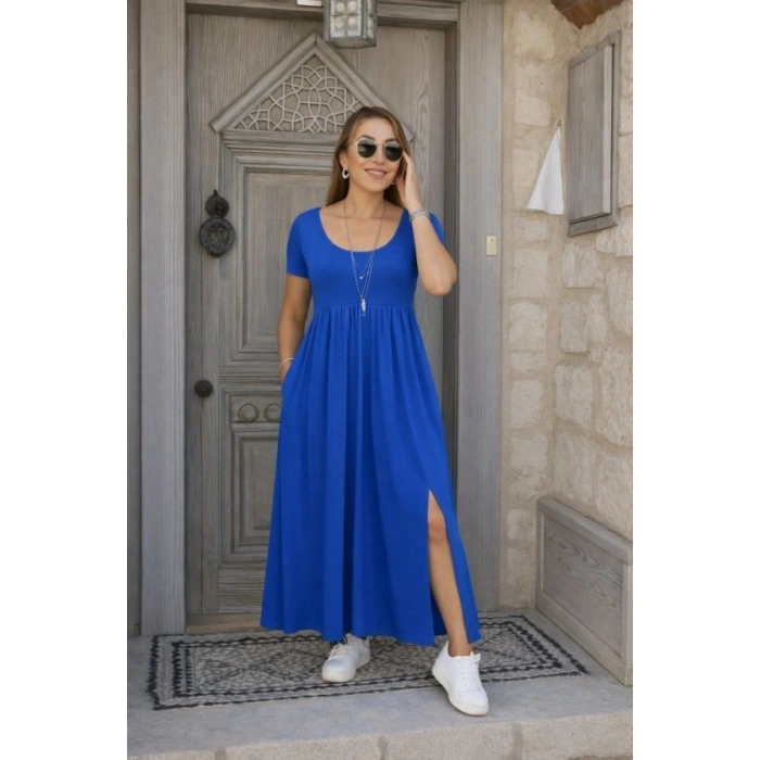 Kadın Kısa Kollu Yuvarlak Yaka önden Yırtmaçlı Cepli Viskon Uzun Elbise