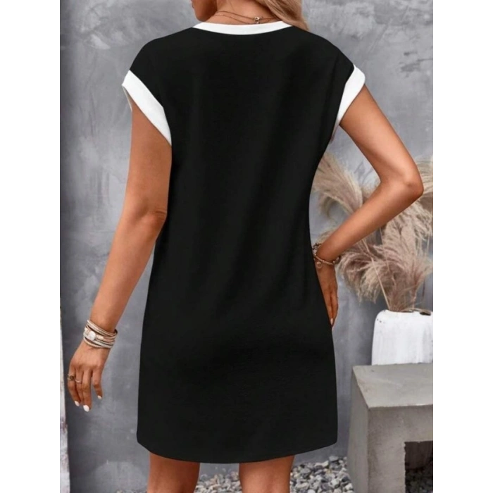 Kadın Kısa Kollu Yuvarlak Yakalı Kontrast Manset Detaylı Kısa Janjan Krep Elbise