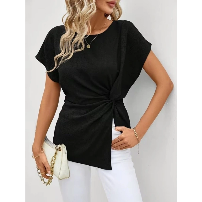 Kadın Kısa Kollu Yuvarlak Yakalı Yandan Sarmal Detaylı Bürümcük Bluz
