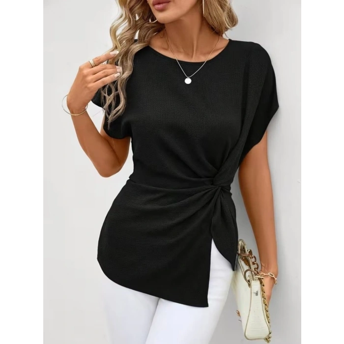 Kadın Kısa Kollu Yuvarlak Yakalı Yandan Sarmal Detaylı Bürümcük Bluz