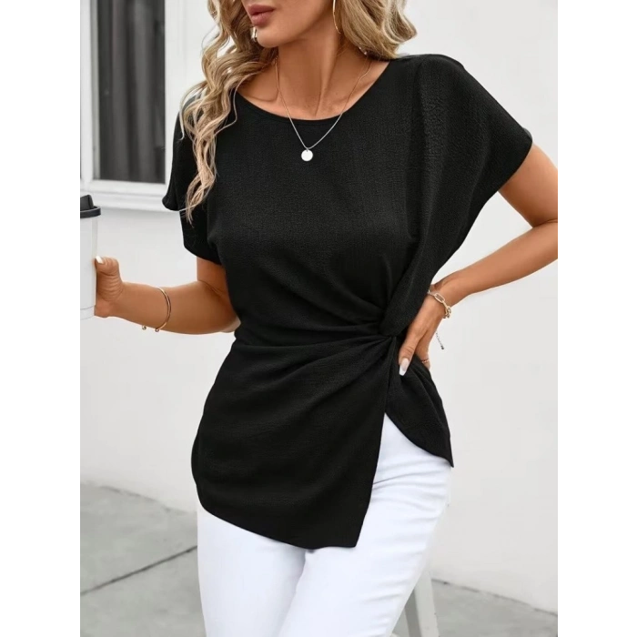 Kadın Kısa Kollu Yuvarlak Yakalı Yandan Sarmal Detaylı Bürümcük Bluz