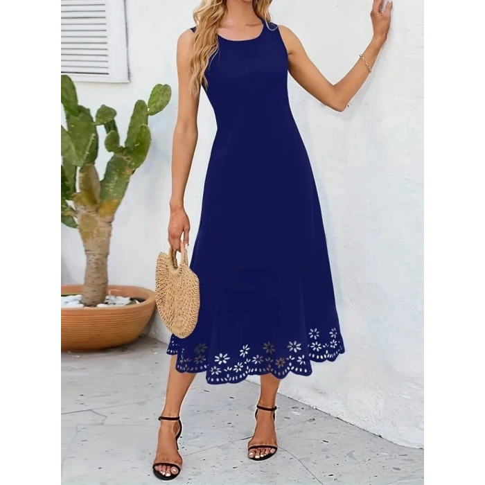 Kadın Kolsuz Etek Ucu Lazer Kesim çiçek Desenli Midi Boy Ithal Krep Elbise